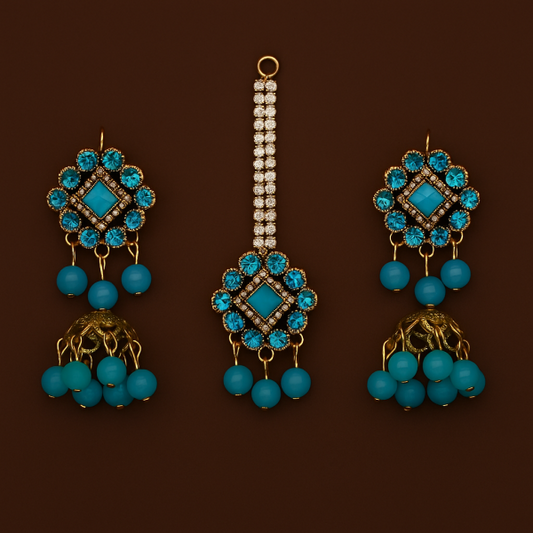 Artificial Jhumkay & Bindya Set With Blue Stones – Ethnic Jewelry For Women | Traditional Jhumke Set For Women | Jhumkay Set |artificial Jewelry For Women