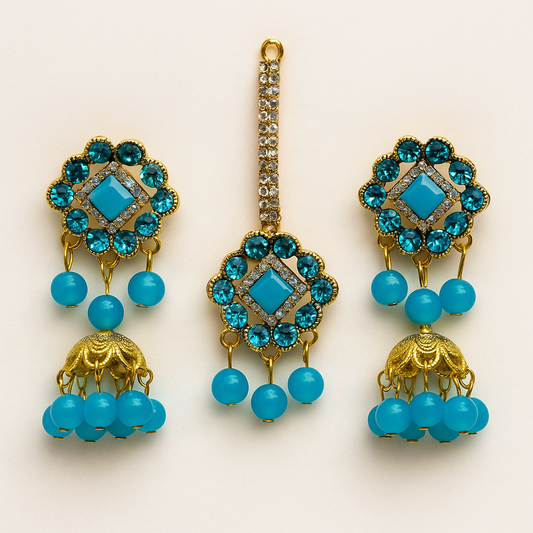 Artificial Jhumkay & Bindya Set With Blue Stones – Ethnic Jewelry For Women | Traditional Jhumke Set For Women | Jhumkay Set |artificial Jewelry For Women