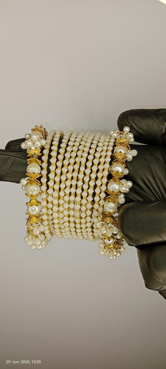 Luxurious White Pearl Bangles For Ladies And Girls – 2 Pearl Bangles And 12 Churiyan – Specially For Wedding And Special Occasion – Bangles For Ladies And Girls – Without Box – Pair – 2.5inch – White Pearl Bangles – Bridal Bangles