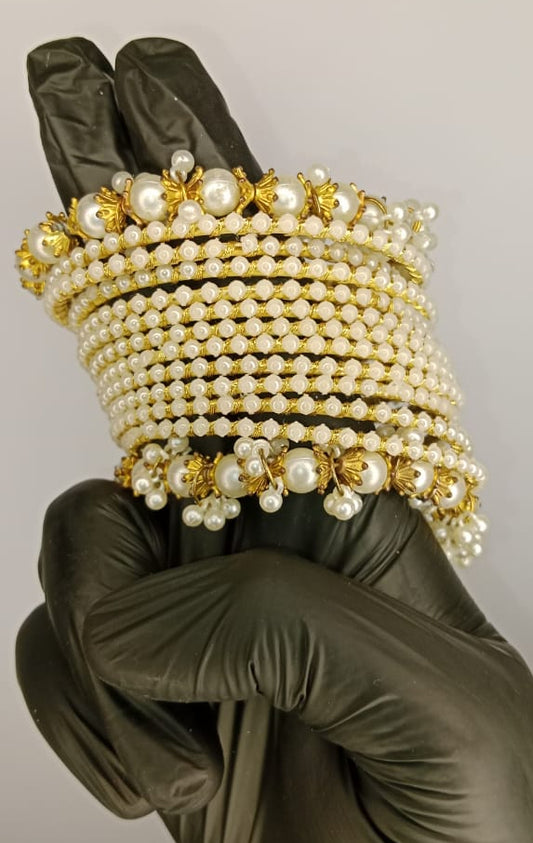 Luxurious White Pearl Bangles For Ladies And Girls – 2 Pearl Bangles And 12 Churiyan – Specially For Wedding And Special Occasion – Bangles For Ladies And Girls – Without Box – Pair – 2.5inch – White Pearl Bangles – Bridal Bangles